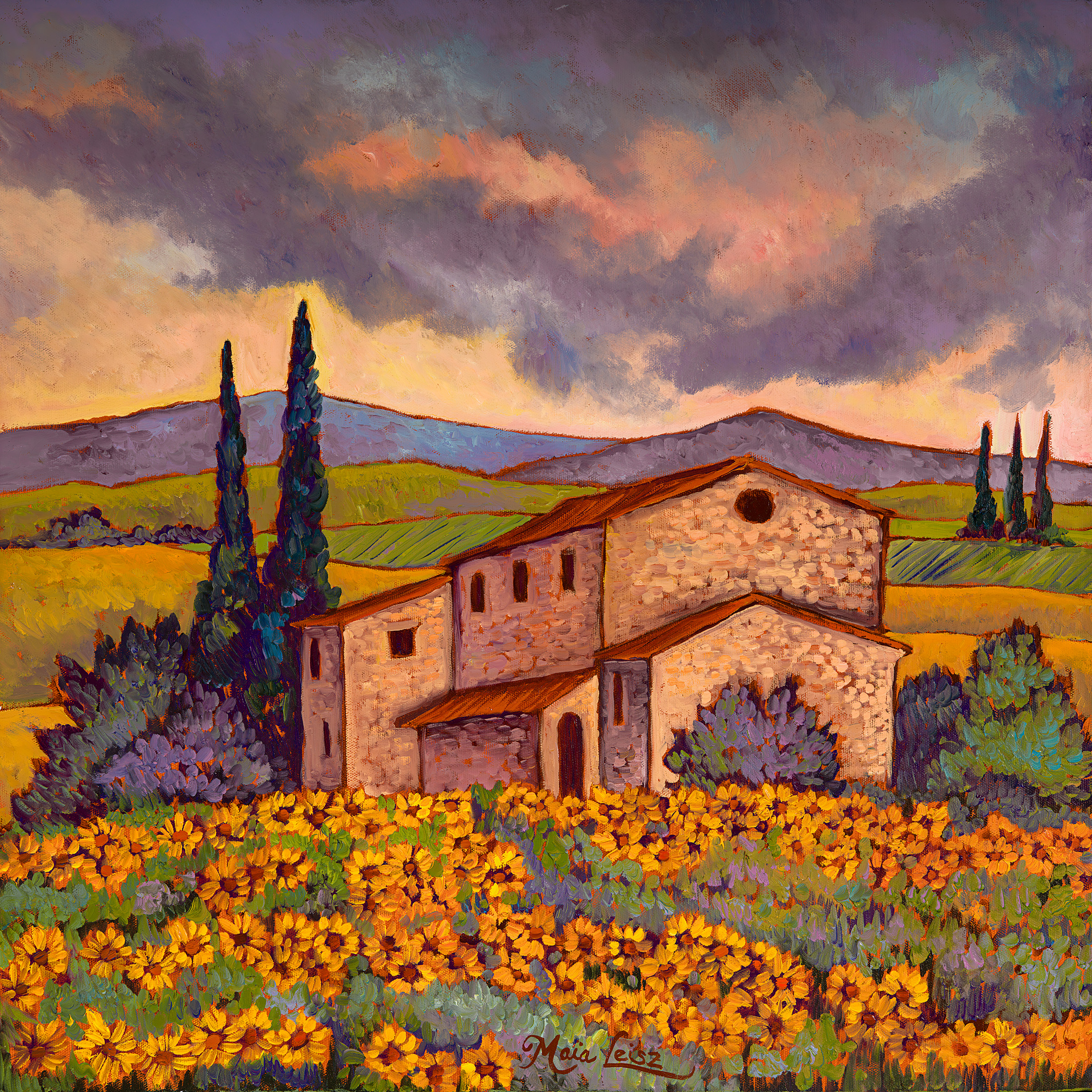 Le Mas and Sunflowers — original oil painting by Maia Leisz