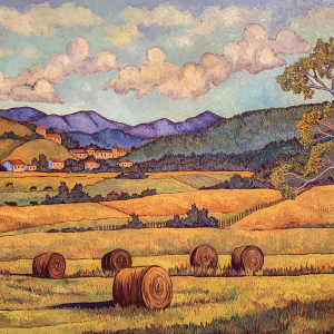 Belgium Haybales, original oil painting by Maia Leisz