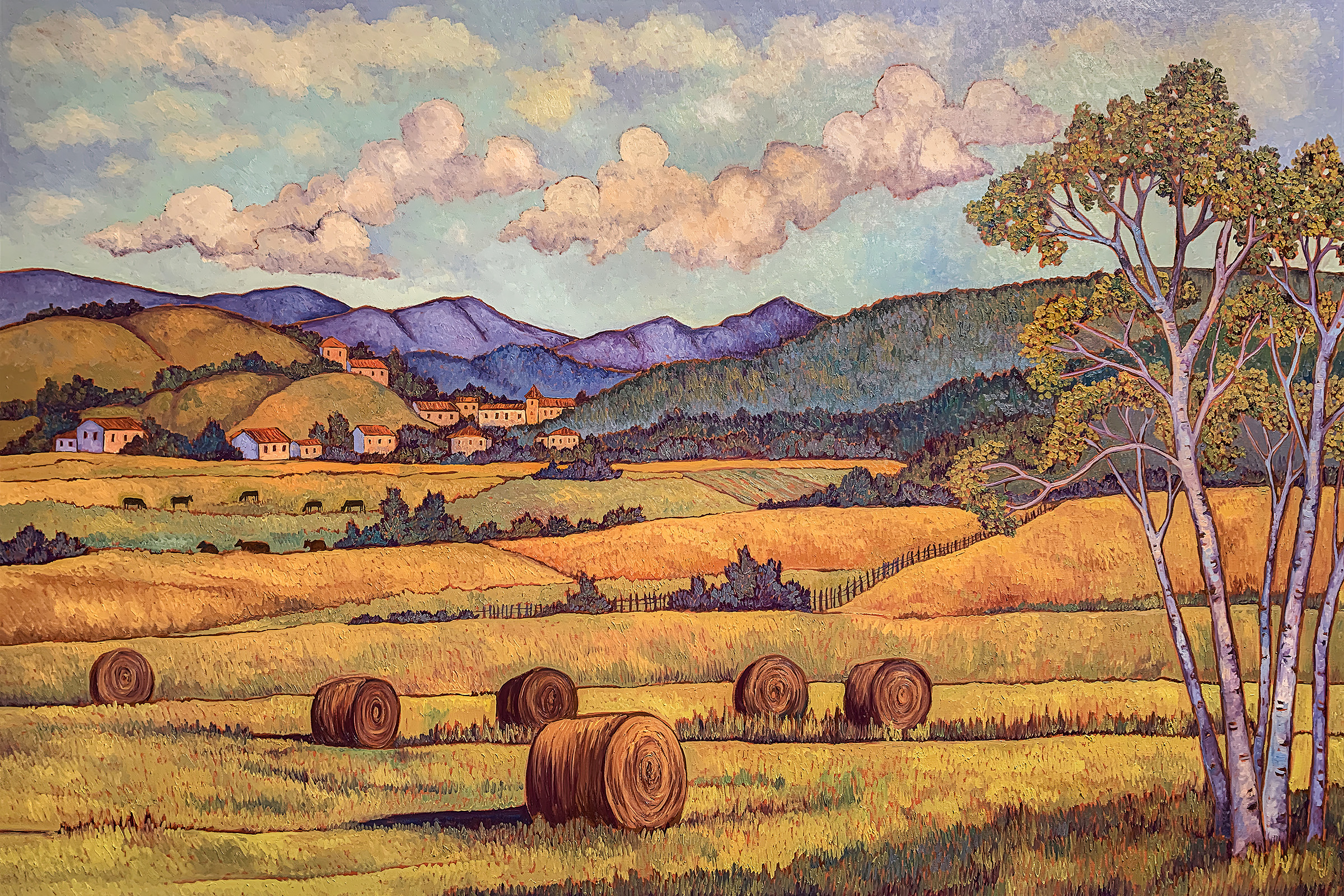 Belgium Haybales, original oil painting by Maia Leisz