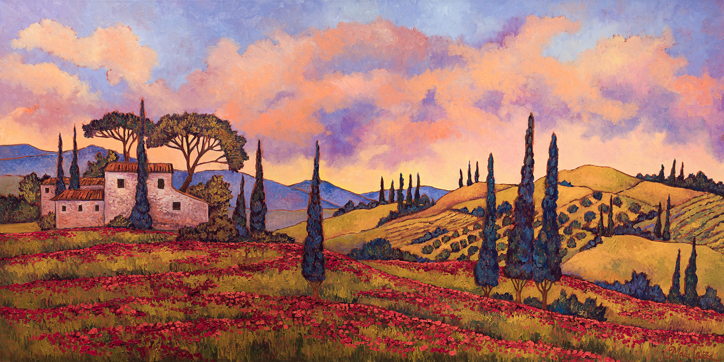Villa Toscana, Sunset, original oil painting by Maia Leisz
