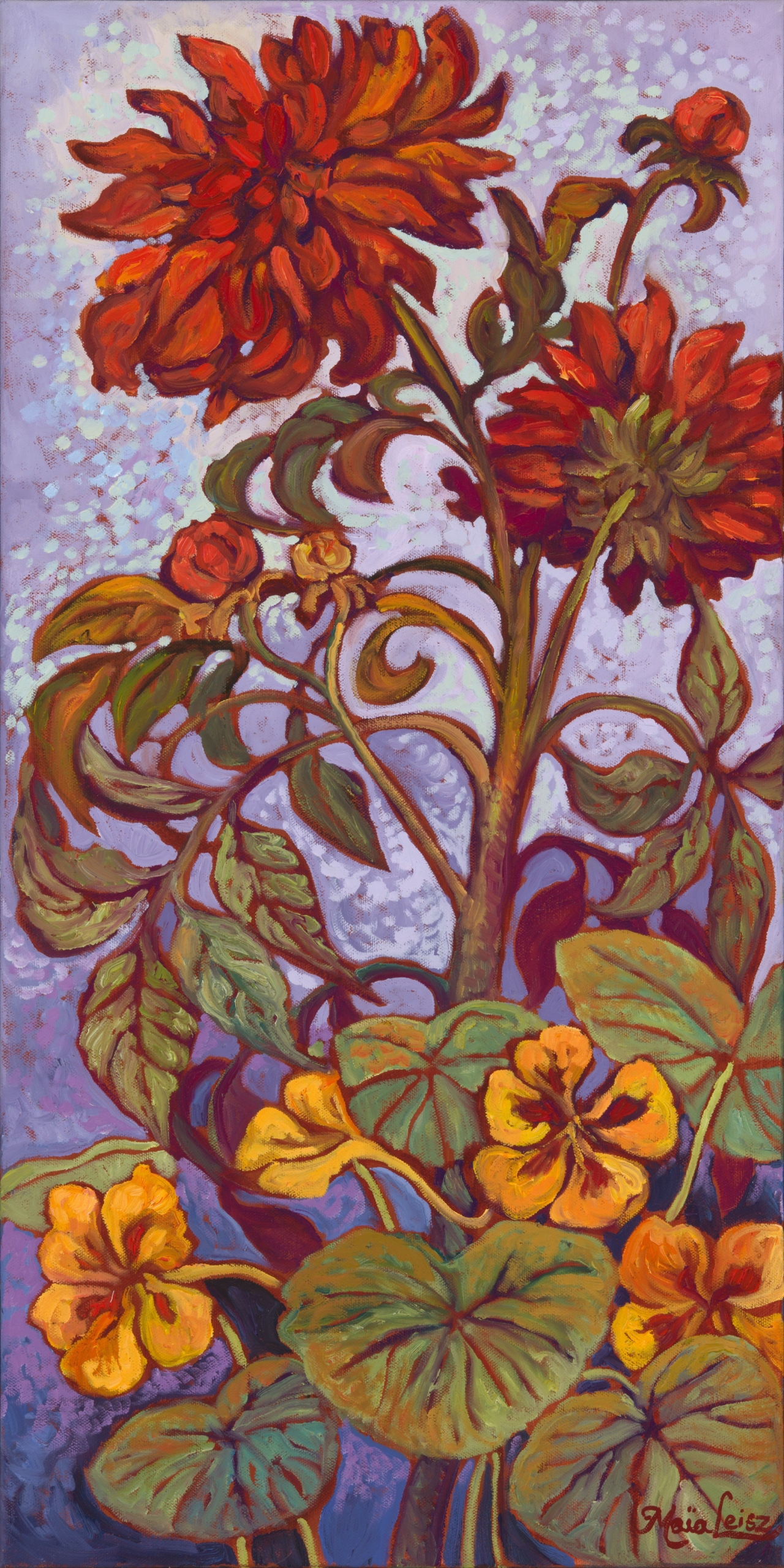 Dancing Dahlias, original oil painting by Maia Leisz, 15 x 30 in